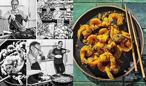 Collage of cooking prawns with a plate of fried prawns.