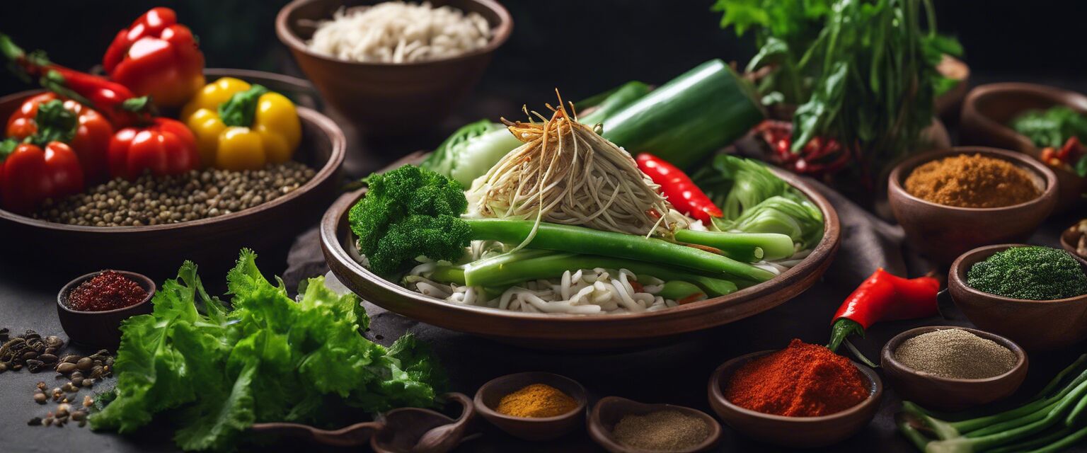 Fresh Hunan cuisine ingredients like peppers and garlic