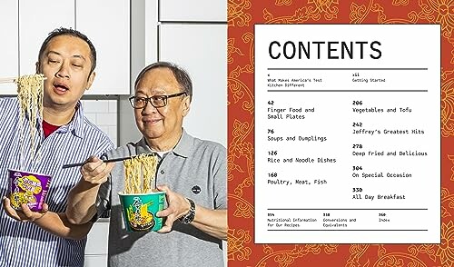 Two men tasting ramen noodles next to a cooking book contents page.